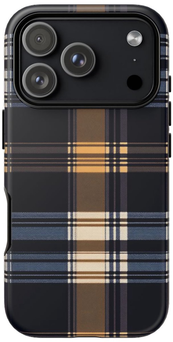 Caramel en Donkerblauw Geruit Patroon – Telefoonhoesje Geschikt voor iPhone 17 Pro