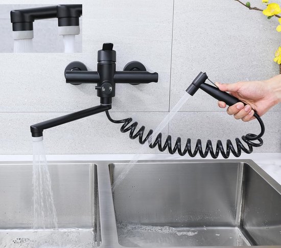 Keramische Spoel Kraan Kraan Voor In De Keuken, Wandmontage, Wandarmatuur Keuken Met Spuitpistool 360 Draaibare Keukenkraan Draaibuis 23 Cm Zwart Wandarmatuur Zwart 789619242 Uittrekbare Kraan Spuitpistool 360 Graden Draaibaar Zwart