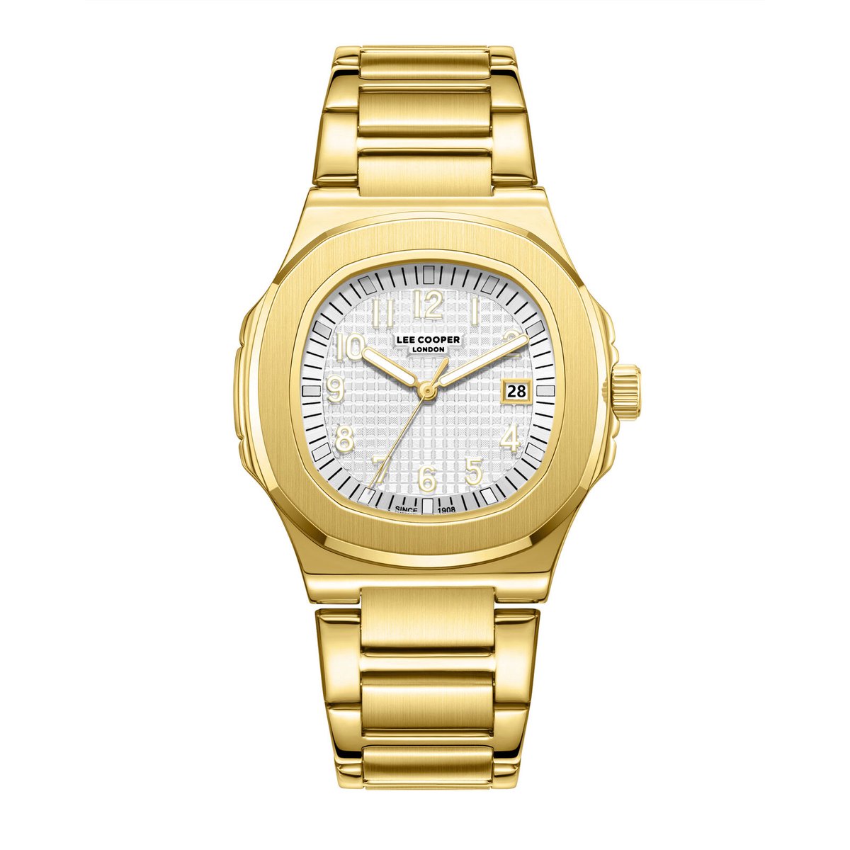 Lee Cooper LC08259.130 - Horloge - Polshorloge - Analoog - Heren - Mannen - Stalen band - Metaal - Datumaanduiding - Vierkant - Rond - Vierkantjes - Strepen - Cijfers - Goudkleurig - Wit - Zwart