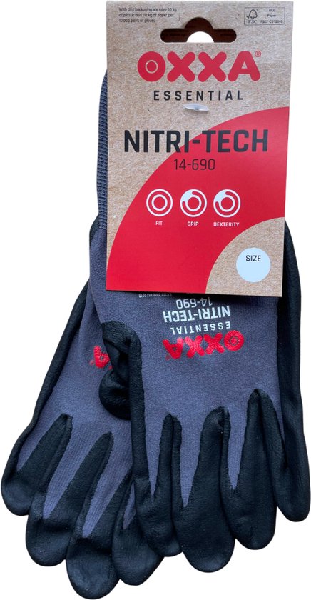 Grijze en zwarte OXXA ESSENTIAL NITRI-TECH 14-690 werkhandschoenen met rode opdruk.
