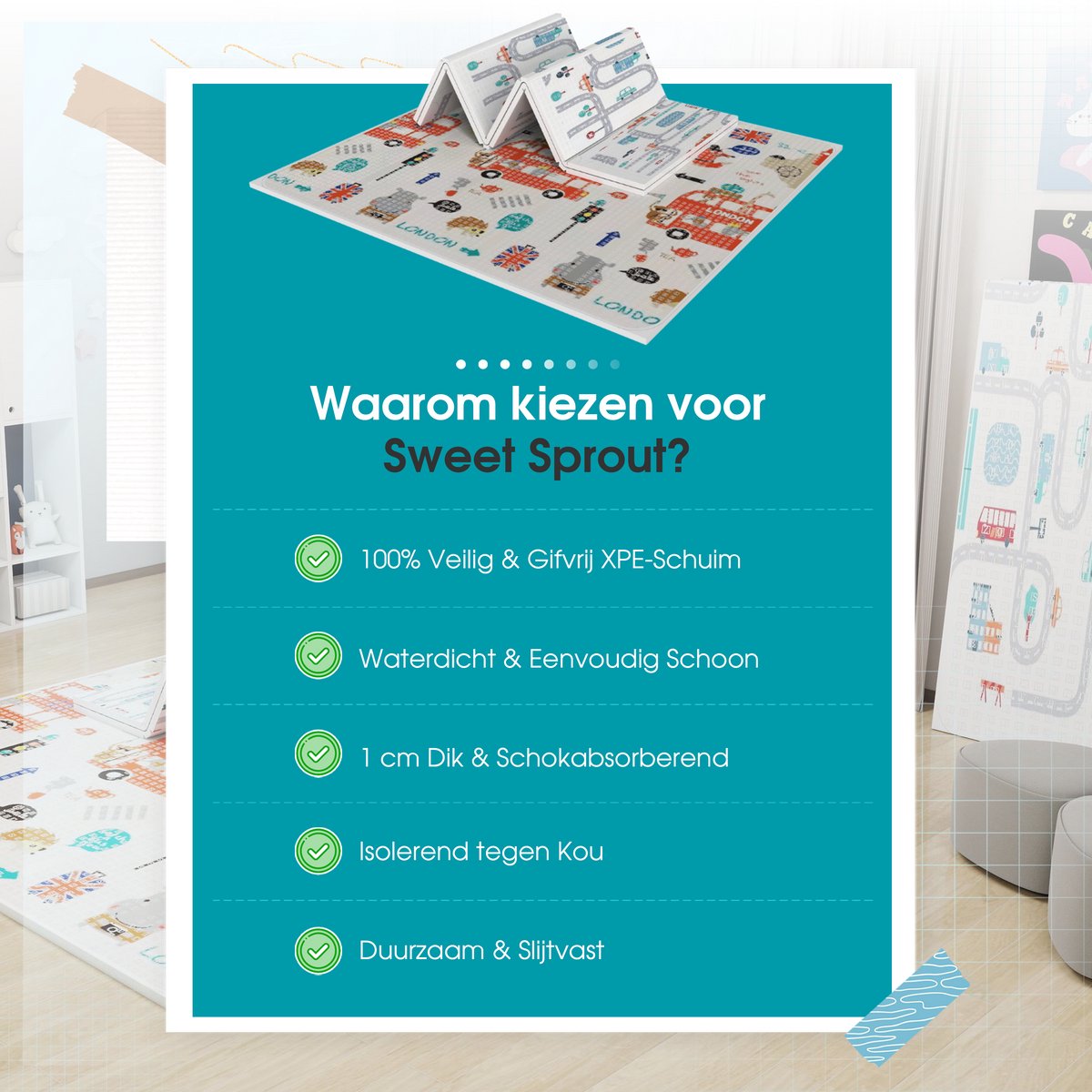 Speelmat – Speelkleed - Kinderen – Boxkleed - Babygym - Zachte Kruipmat met Levendige Auto & Stad Print – Speelmat foam - Baby - Opvouwbaar - Babyshower - 150x200cm - Inclusief opbergtas — afbeelding 4