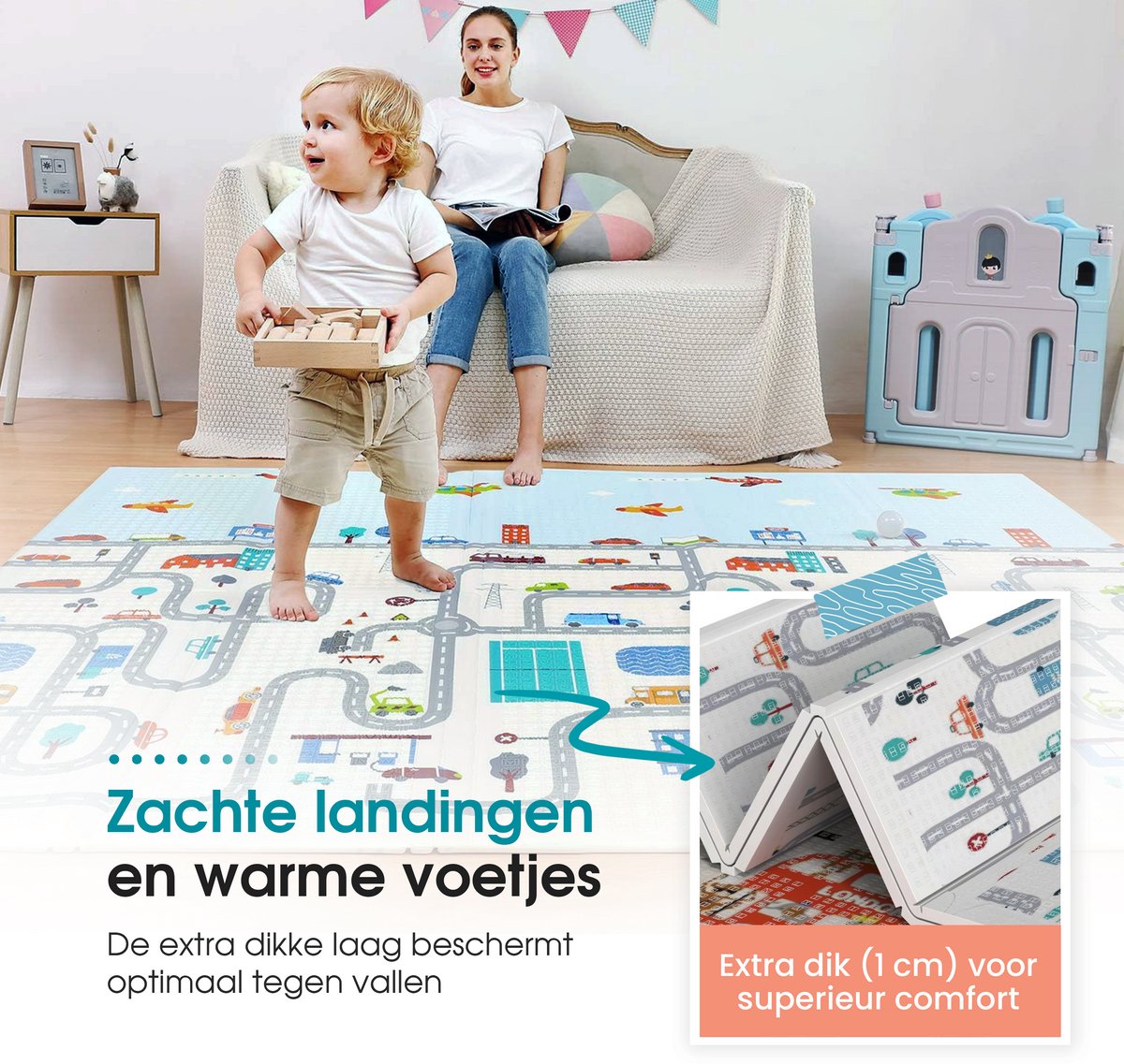 Speelmat – Speelkleed - Kinderen – Boxkleed - Babygym - Zachte Kruipmat met Levendige Auto & Stad Print – Speelmat foam - Baby - Opvouwbaar - Babyshower - 150x200cm - Inclusief opbergtas — afbeelding 6