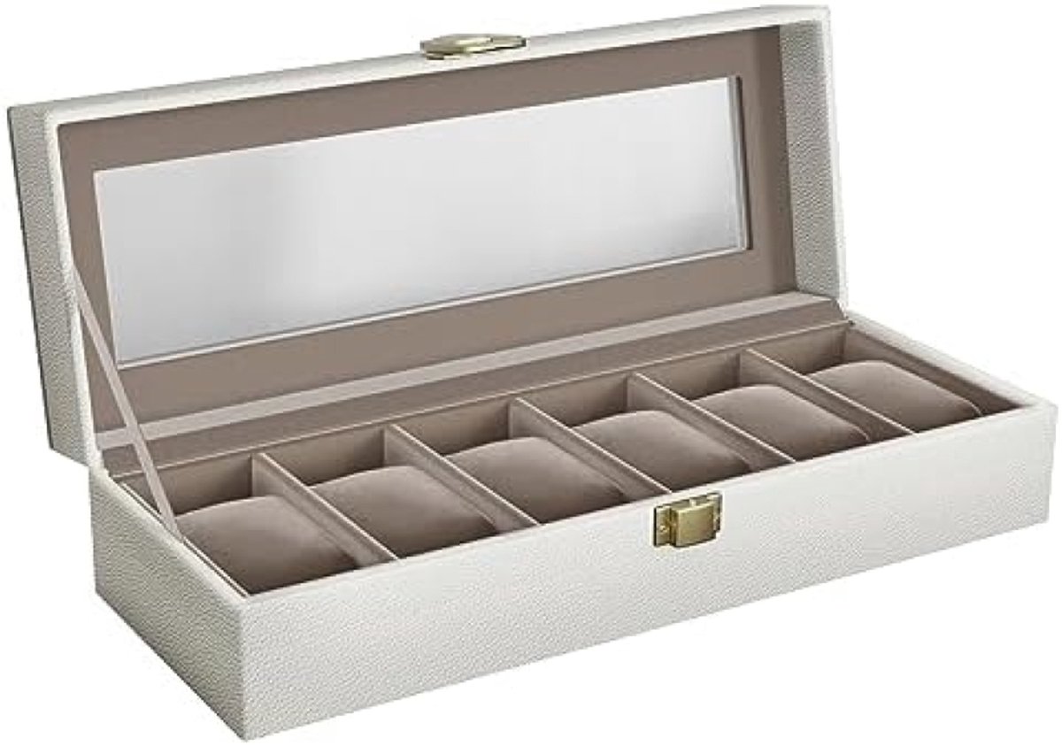 PromoHome Horlogedoos met 6 Sleuven - Horlogekast met Glazen Dekkel, Verwijderbare Horlogekussentjes, Metaalsluiting - Zwart Kunstleer met Beige Voering - Horloge Display Box Organizer