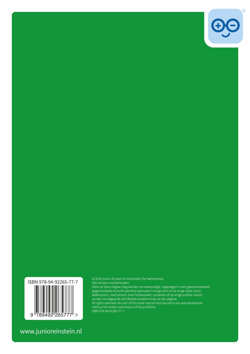 Achterkant van een groen boekje met ISBN en website.