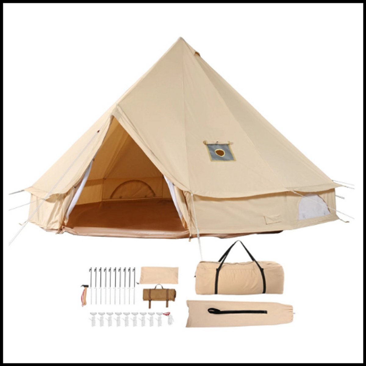 Canvas Bell Tent 4 Seizoenen 3M - Yurt Tent - Katoen & Ademend TC Doek - Met Kachelaansluiting & Vlamvertragende Flap - 4 Ramen met Horren - Waterdicht & Windbestendig - Geschikt voor 4 Personen - Inclusief Draagtas & Accessoires