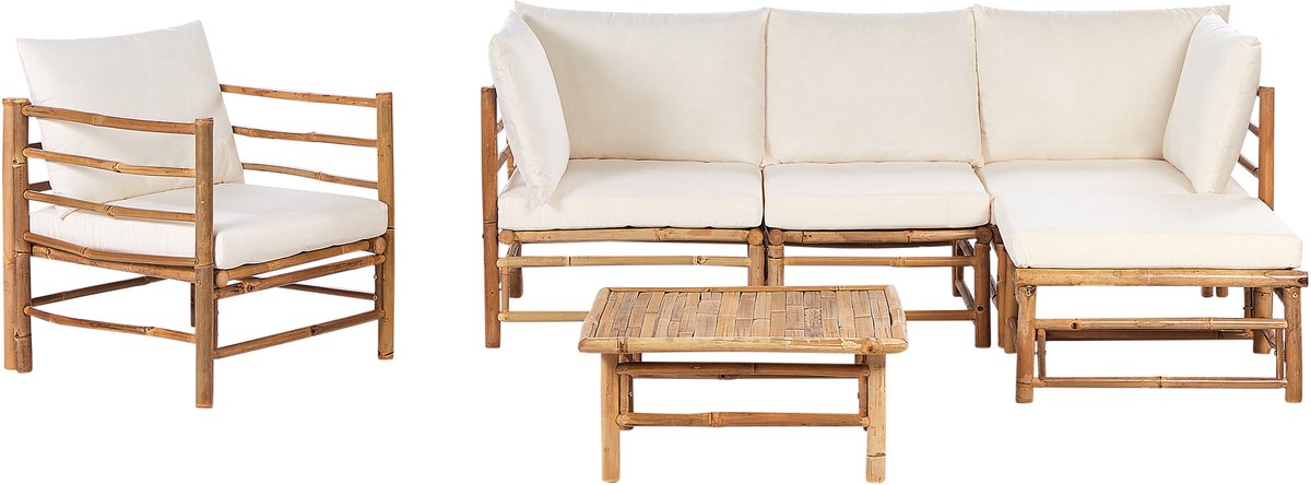 Beliani CERRETO - Loungeset 5-zits met fauteuil - Gebroken wit - Bamboehout Bruin