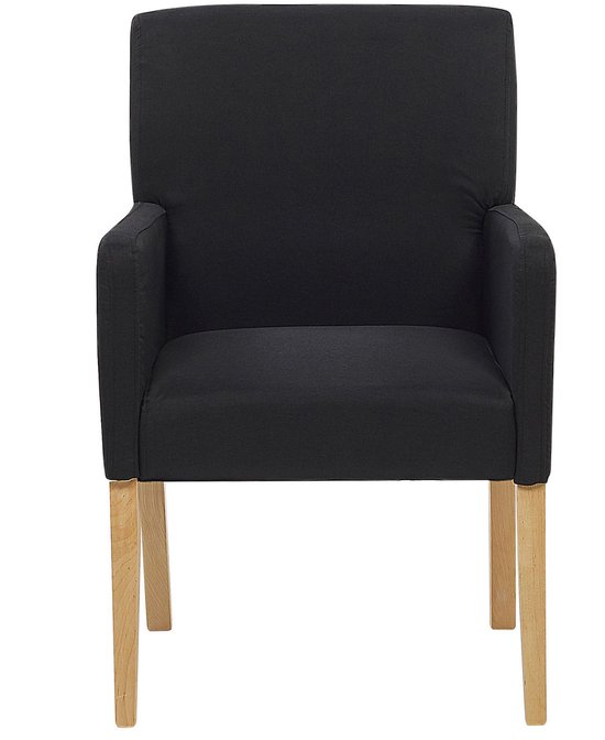 Chaise de salle à manger noire avec revêtement en tissu et pieds en bois clair, vue de face.