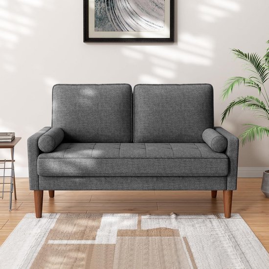 Canapé 2 places - Lin gris foncé - Canapé compact avec Coussins et accoudoirs - Canapé confortable pour salon, bureau ou appartement - 121 x 77 x 87 cm