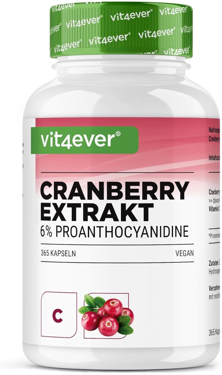 Cranberry extract + vitamine C – 365 capsules – 25:1 extract, overeenkomend met 25.000 mg – 6% proanthocyanidinen – hooggedoseerd, zonder ongewenste toevoegingen, vegan - Vit4ever