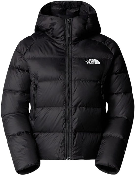 Zwarte The North Face Hyalite dames winterjas, voorkant met capuchon en logo.