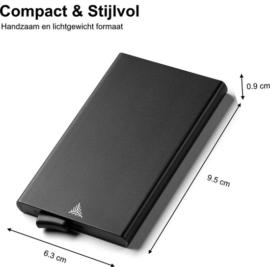 Porte-cartes noir et compact, mesurant 9.5x6.3x0.9 cm.