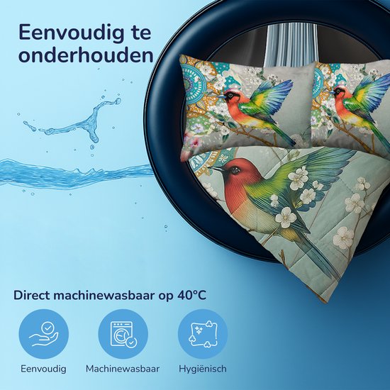 Dekbedovertrek met vogels en bloemen in een wasmachine. Tekst "Eenvoudig te onderhouden" en "Direct machinewasbaar op 40°C".