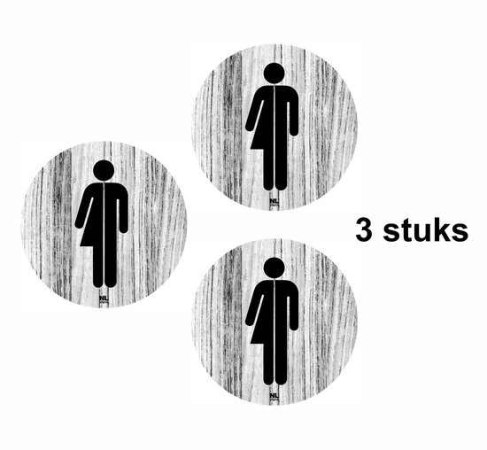 Panneau de toilette unisexe ø 10 cm, lot de 3 / Panneau de Toilettes unisexe aspect bois / Bois (gris délavé), autocollant
