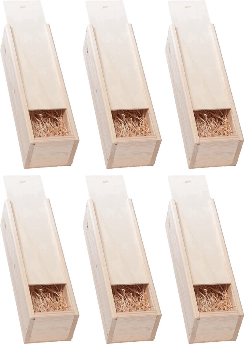Set van 6 Houten Wijnkisten - Luxe Geschenkverpakkingen voor Wijnflessen - Inclusief Houtwol en Schuifdeksel - Bruin