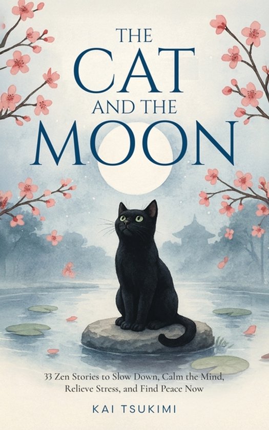 De omslag van het boek 'The Cat and the Moon' met een zwarte kat op een steen in een rustige vijver onder bloeiende kersenbloesems.