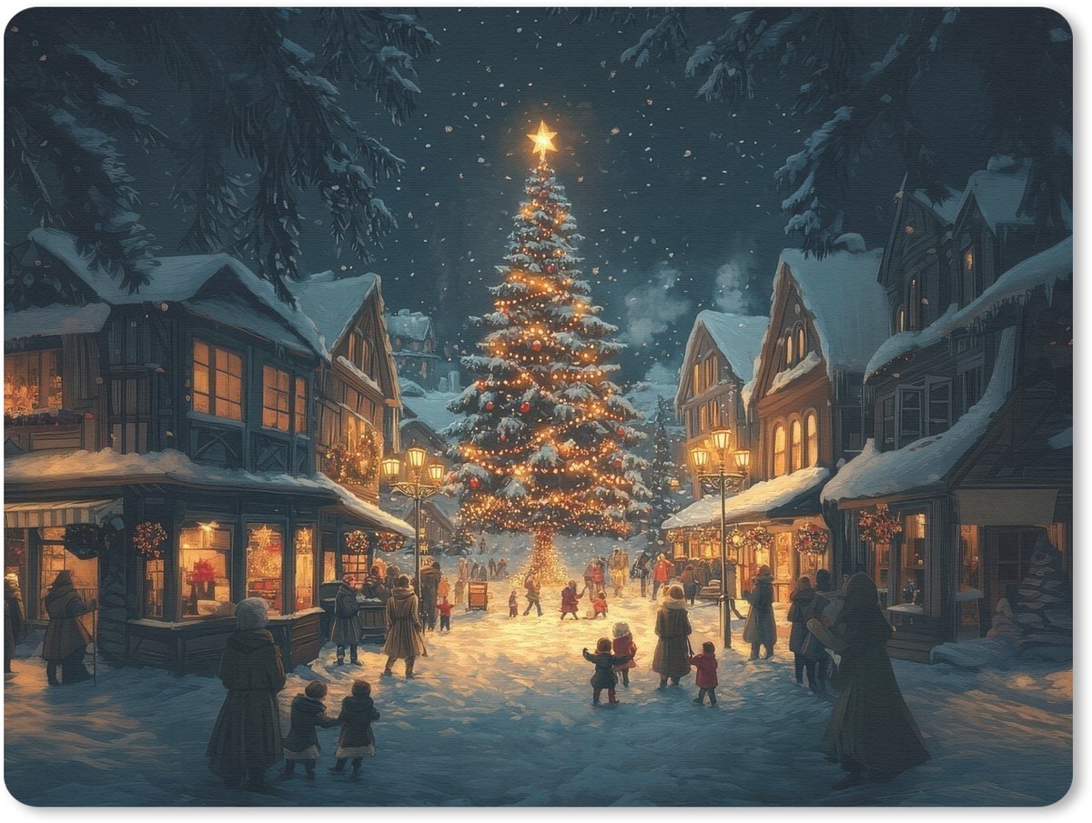 Muismat 23x19 cm - Mousepad Kerstfeest - Dorp - Donker - Muismatten