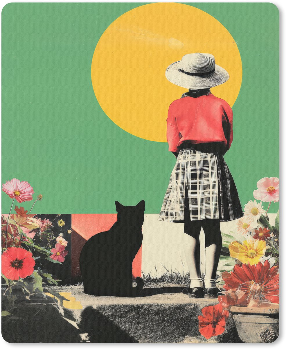 Muismat 19x23 cm - Mousepad Retro - Meisje - Kat - Zon - Muismatten