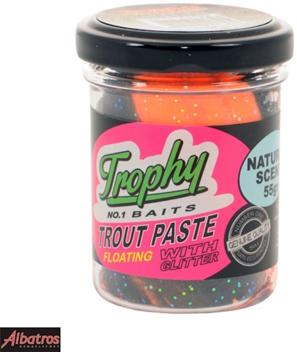 Trophy Baits Trout Paste Floating – drijvend foreldeeg met natuurlijke geur en glitters Black Orange 55GR