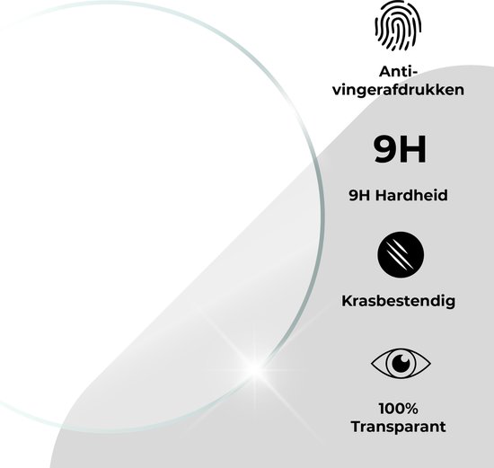 Kenmerken van de screenprotector: vingerafdrukbestendig, 9H hardheid, krasbestendig en 100% transparant.