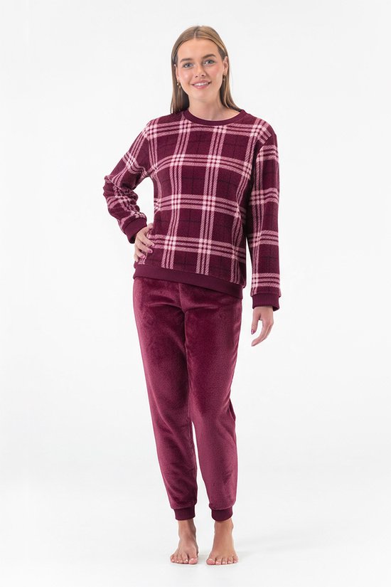 Combinaison pyjama en polaire pour femme - Col rond - Motif tartan - Polaire ultra douce - Fuchsia - 2501 - Taille S