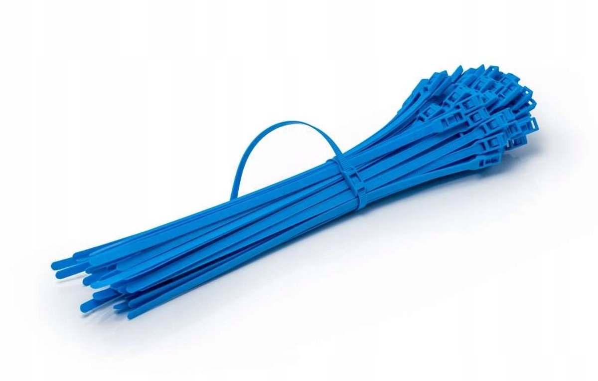 Blauwe kabelbinders 350x7,5 mm - 100 stuks, platte sluiting