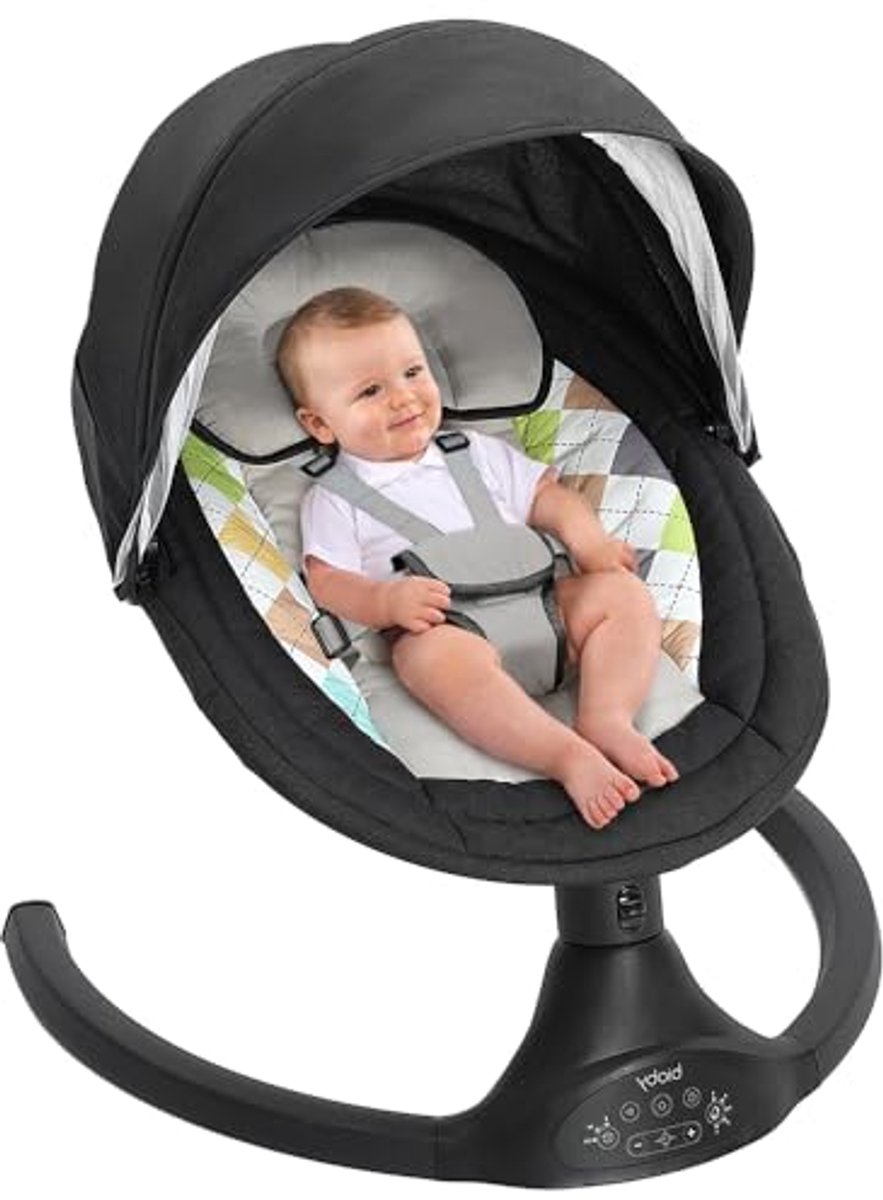 Elektrische babyschommel met veilige wipstoel, 5-punts riem, 5 schommelmodi en Bluetooth – fraai zwart