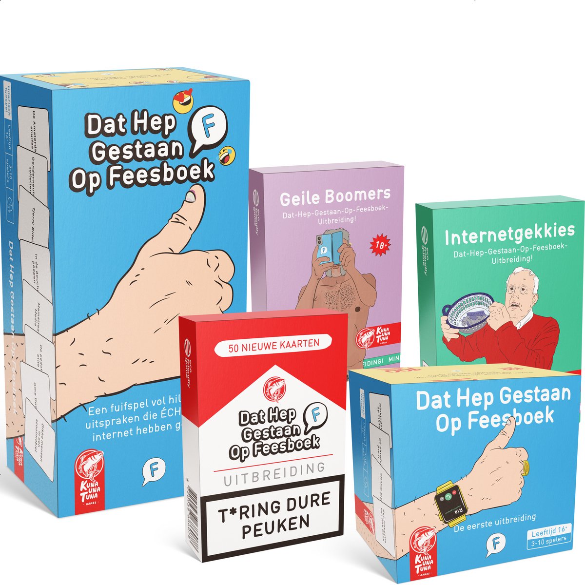 Basisspel + 4 uitbreidingen | DAT HEP GESTAAN OP FEESBOEK - Kaartspel + 4 UITBREIDINGEN - Geile Boomers - Internetgekkies - T*ring Dure Peuken - De Eerste Uitbreiding