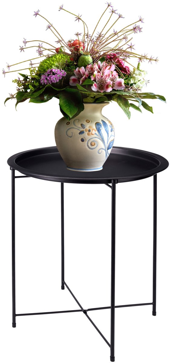 Home & Styling Bijzettafel - zwart - metaal - 47 x 50 cm - plantenpot verhoger - binnen/buiten