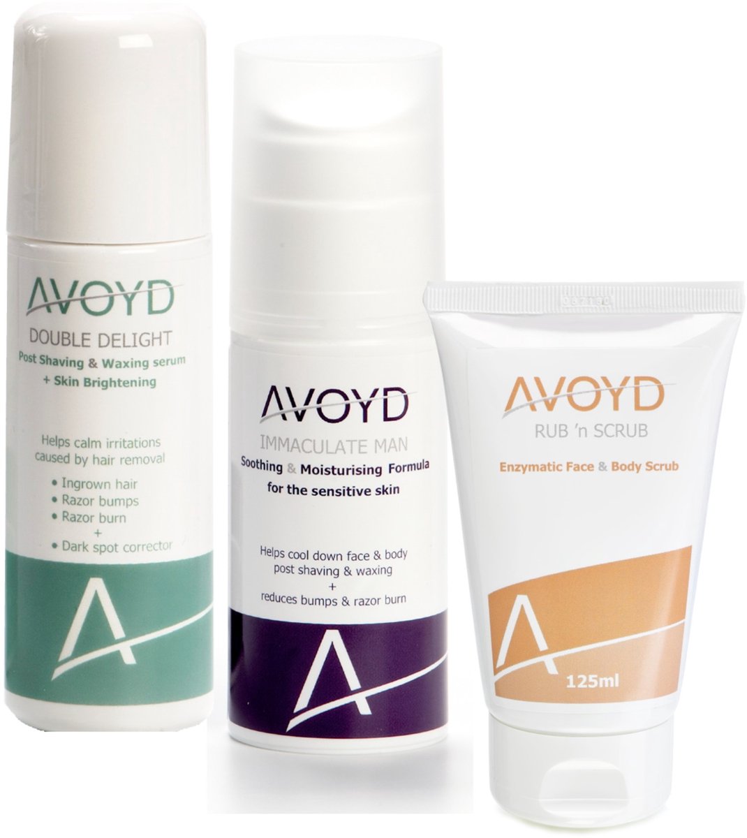 Avoyd PigmentatiePluspakket man - Set van 3 producten - Avoyd Double Delight 90ml + Avoyd Immaculate Man 50ml + Avoyd Rub 'n Scrub 125ml - Voorkomt ingegroeide haartjes, scheerirritatie, scheerbultjes & pigmentatie