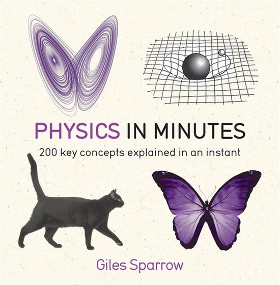 Boekcover met tekst 'PHYSICS IN MINUTES'. Met vlinderattractoren, een zwart katje, een paarse vlinder en een afbeelding van zwaartekracht.