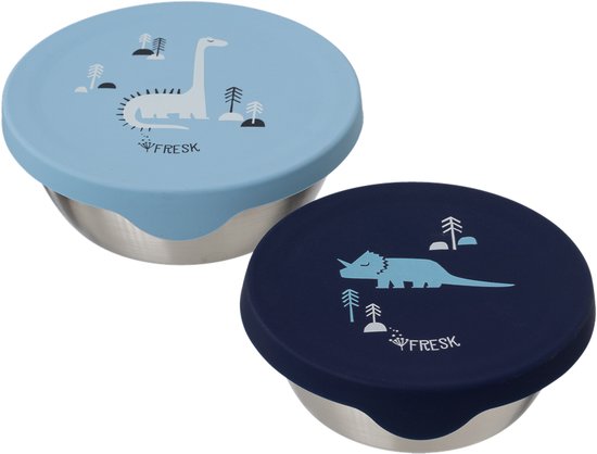 Boîte à goûter Fresk pour Enfants - Lot de 2 - Boîte à goûter en acier inoxydable - Contenants compatibles lave-vaisselle - Corbeille à fruits École - Boîtes de conservation - Boîte à fruits - Blauw - Dino