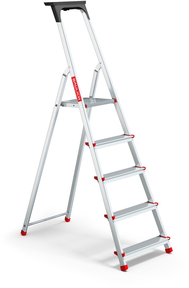 Baulich Huishoudtrap Aluminium - 5 treden met plateau - Opvouwbare vouwladder met antislip treden - Draagvermogen 125 kg - Werkhoogte 297 cm - Stabiele geprofileerde voeten – foto 2