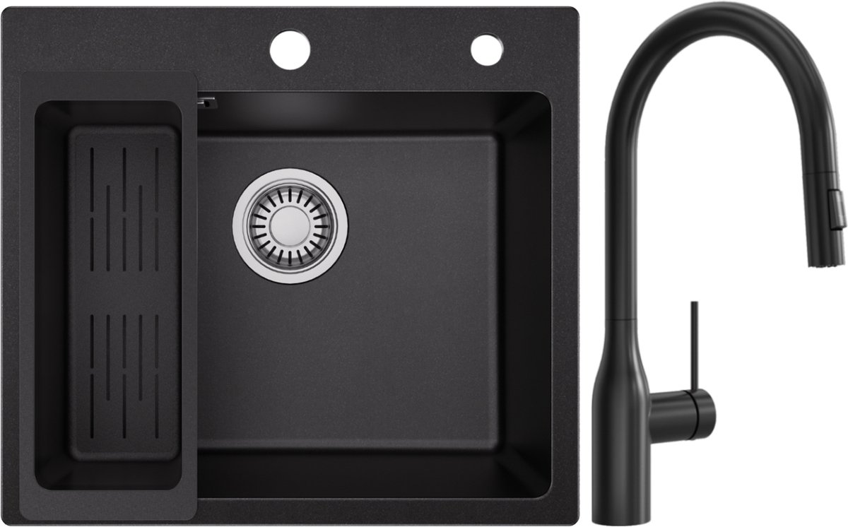 SOFETIY MAX Granieten Spoelbak Zwart / Antraciet (50*45cm) - Spoelbak Keuken Met Uittrekba