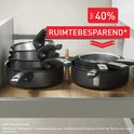Gestapelde koekenpannen en pannenset in een keukenkastje, met tekst 'Tot 40% Ruimtebesparend'.