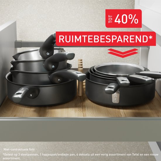 Gestapelde koekenpannen en pannenset in een keukenkastje, met tekst 'Tot 40% Ruimtebesparend'.