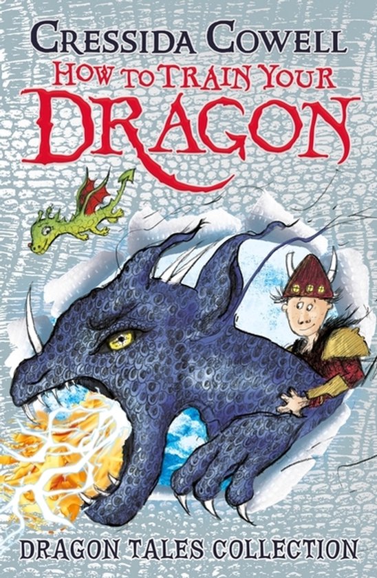 Couverture du livre "How to Train Your Dragon: Dragon Tales Collection" avec un grand dragon bleu crachant du feu, un petit dragon vert et un jeune Viking.