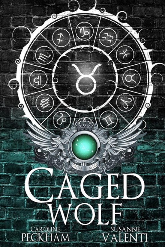 Boekomslag met sterrenbeeld cirkel, gevleugeld embleem, en de titel 'Caged Wolf'.