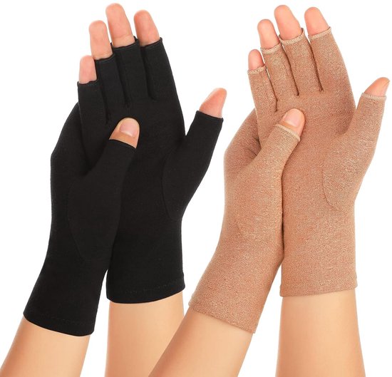 Zwarte en huidkleurige vingerloze compressiehandschoenen.