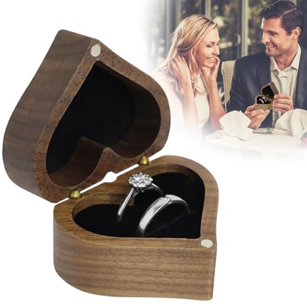 Hartvormige dubbele ringendoos van walnoothout voor huwelijksaanzoek, verloving en trouwringen