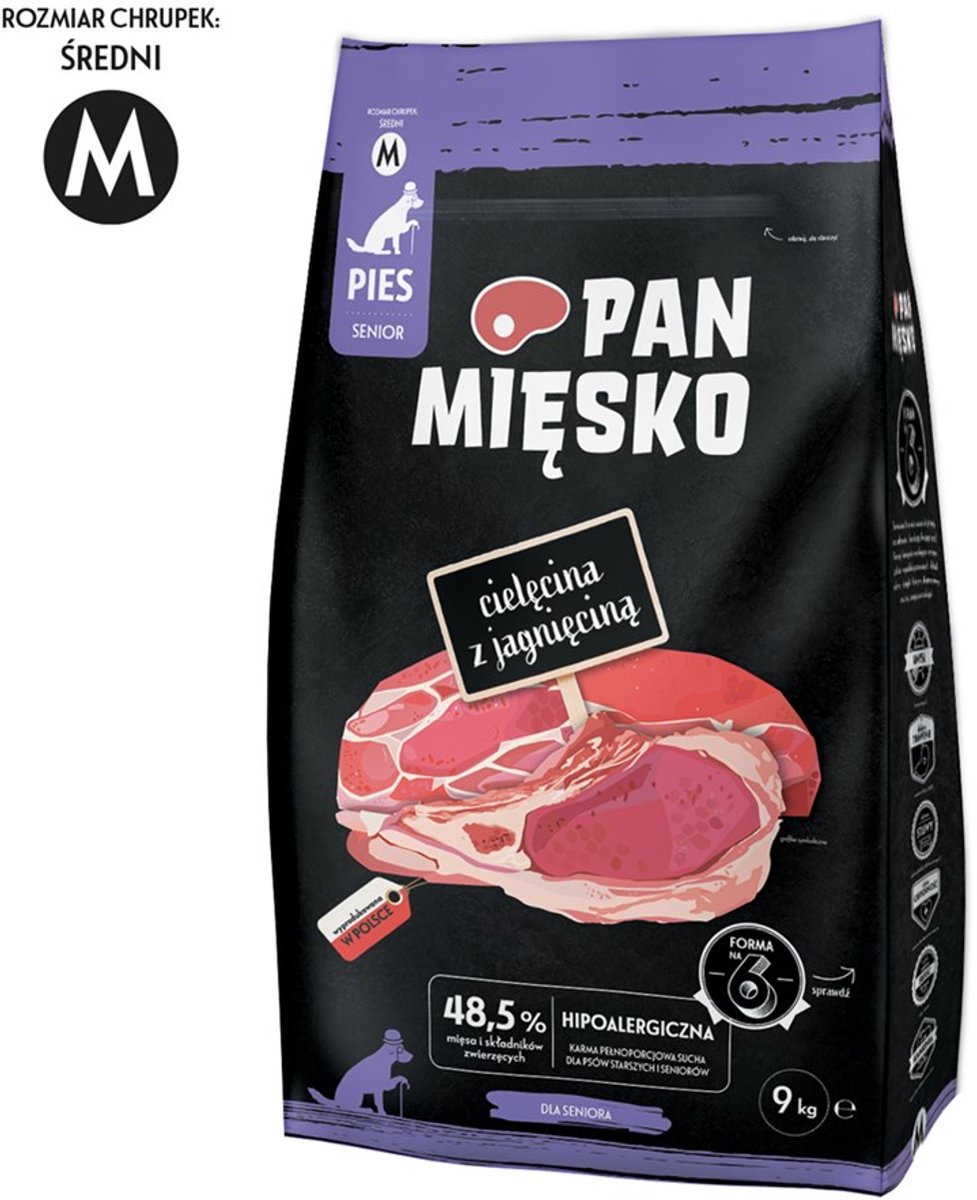 PAN MIĘSKO Pan Mięsko - Droogvoer voor Honden - Kalf & Lam - Senior - Brokken M - Graanvrij - Gezonde Gewrichten - Hoge Verteerbaarheid