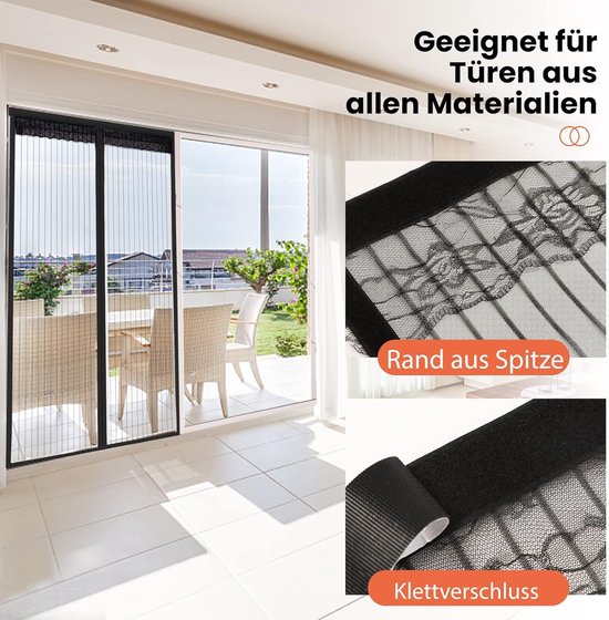 Vliegengaas, magnetisch, voor deur, balkondeur, insectenbescherming, vliegengordijn voor terrasdeur, insectengaas, lamellengordijn, 150 x 200 cm, kleur zwart