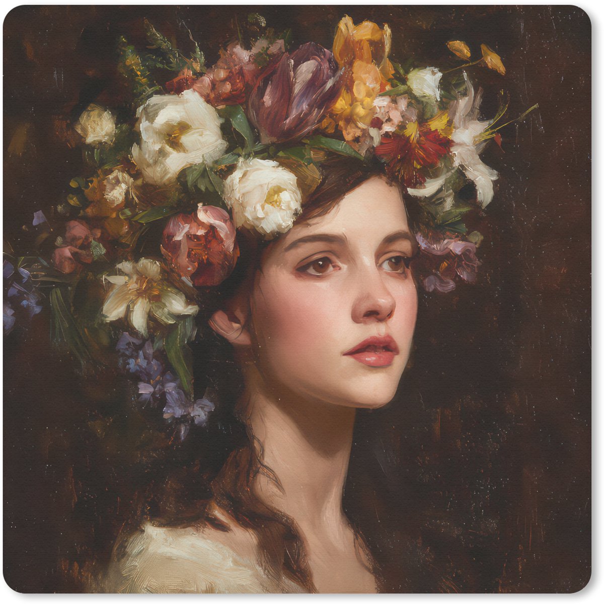 Muismat 30x30 cm - Mousepad Portret - Vrouw - Bloemen - Muismatten