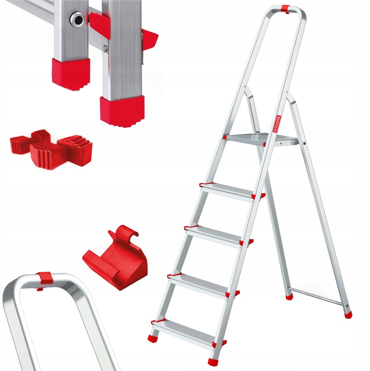 Baulich Aluminium trapladder voor huishouden - 5 treden met haak en antislip - werkhoogte 297 cm, draagvermogen 125 kg
