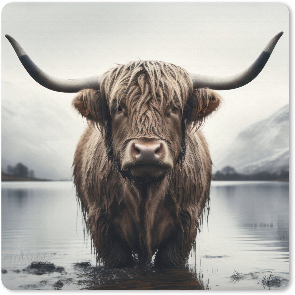 Muismat 20x20 cm - Mousepad Schotse hooglander - Water - Nat - Muismatten