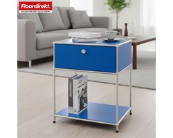 FLOORDIREKT Metalen Rek Concept Epure MK-139 - Bijzet- & Opbergrek met Lade & Legplanken - 50 x 65 x 40 cm - Blauw -Verkrijgbaar in Verschillende Kleuren - Metalen Rek in Modern Design - Rek Voor Woonkamer, Kantoor & Hal