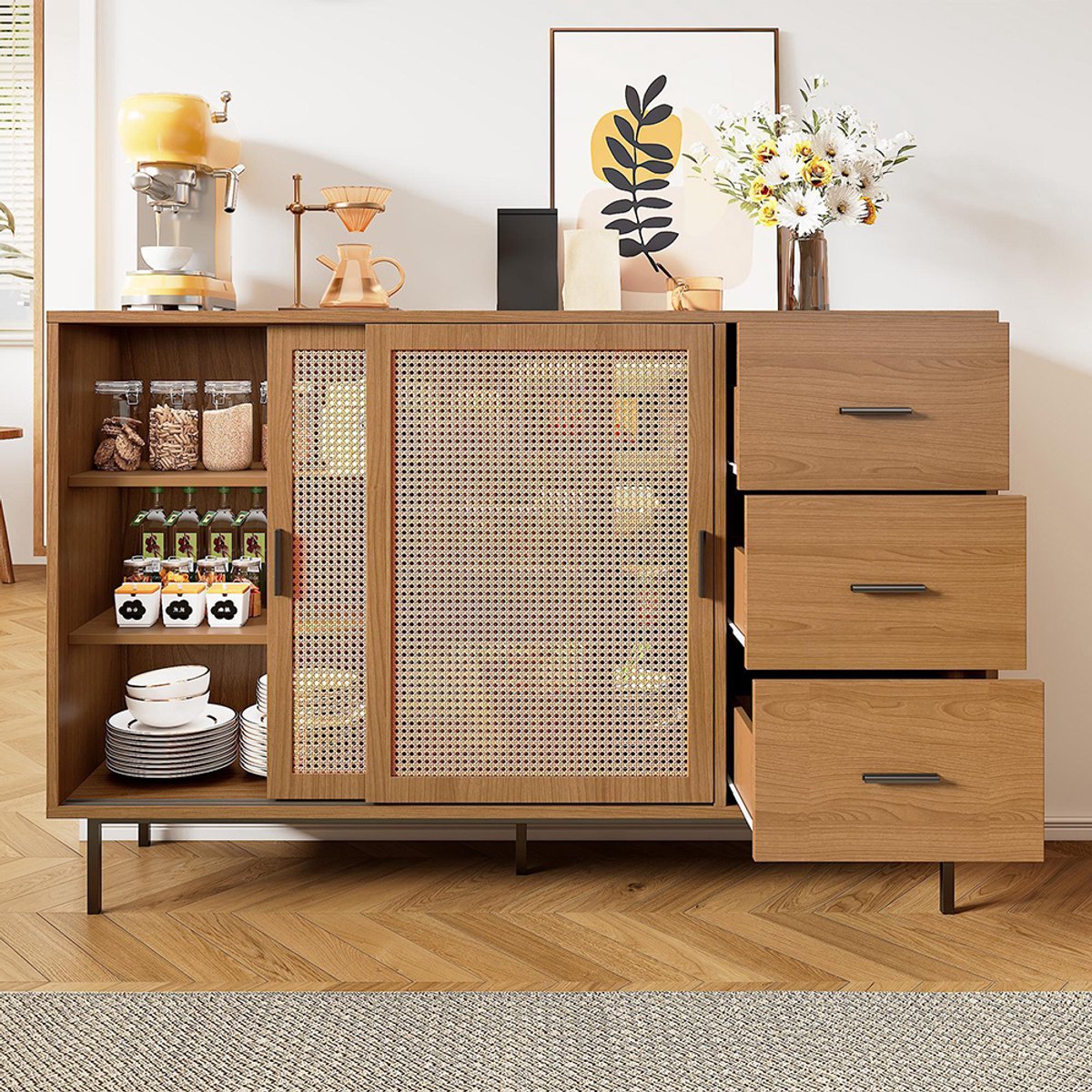 KOMHTOM BLACKCOLORS - Buffetkast met 2 schuifdeuren - 3 lades - Verstelbare planken - Rustieke stijl - Geschikt voor woonkamer en eetkamer Natuurlijk