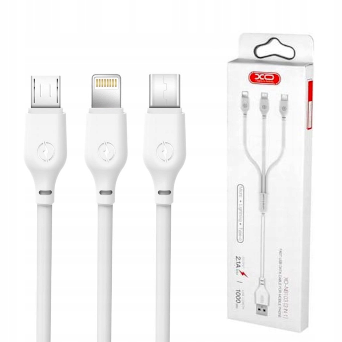 XO 3-in-1-kabel: USB-C, Lightning, Micro-USB, 2.1A, 1m