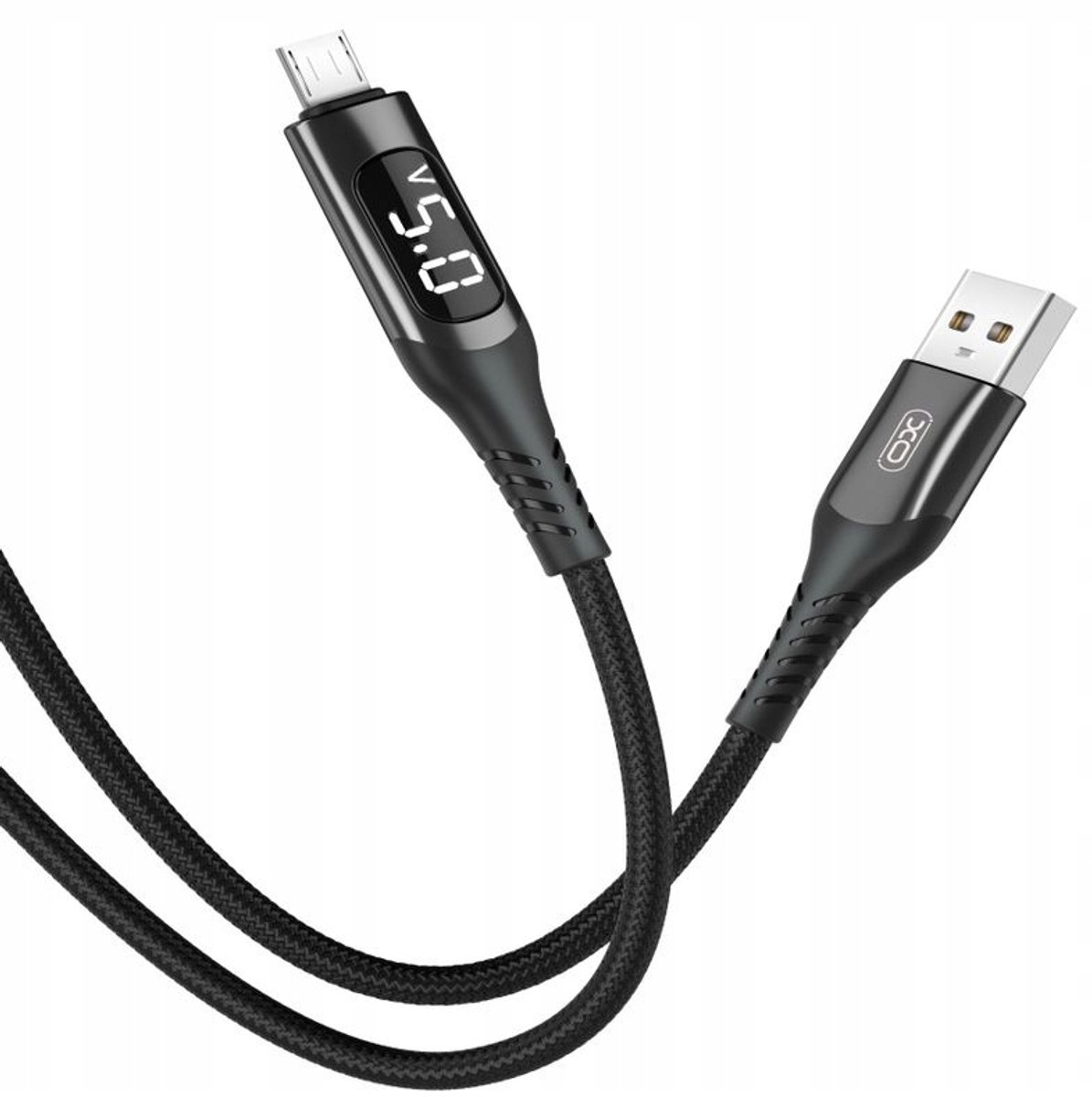 XO USB naar Micro-USB Kabel 1m 2.4A Zwart met Spanningsmeter