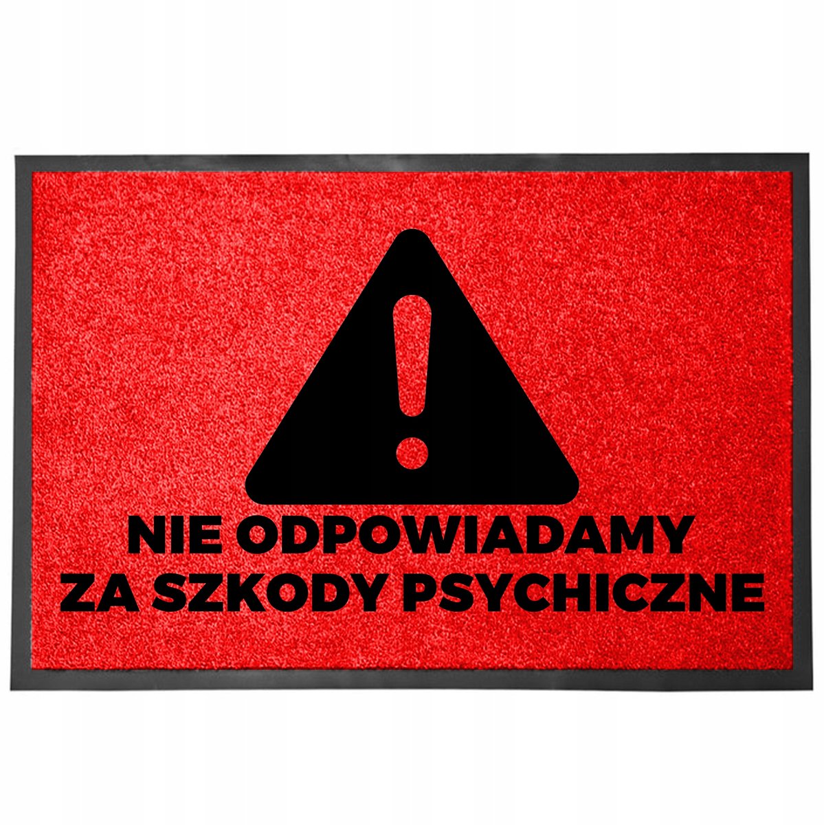Rode deurmat 40x60 cm met een grappige inscriptie "Wij zijn niet verantwoordelijk voor psychologische schade"