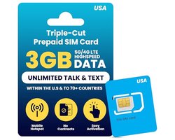 Prepaid SIM-kaart met 3 GB 4G LTE/5G en onbeperkte internationale sms en gesprekken